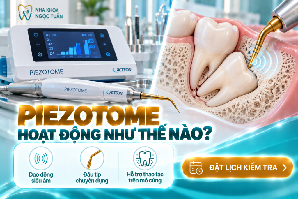 Piezotome sử dụng dao động vi mô và đầu tip chuyên dụng để hỗ trợ thao tác trên mô khoáng hóa.