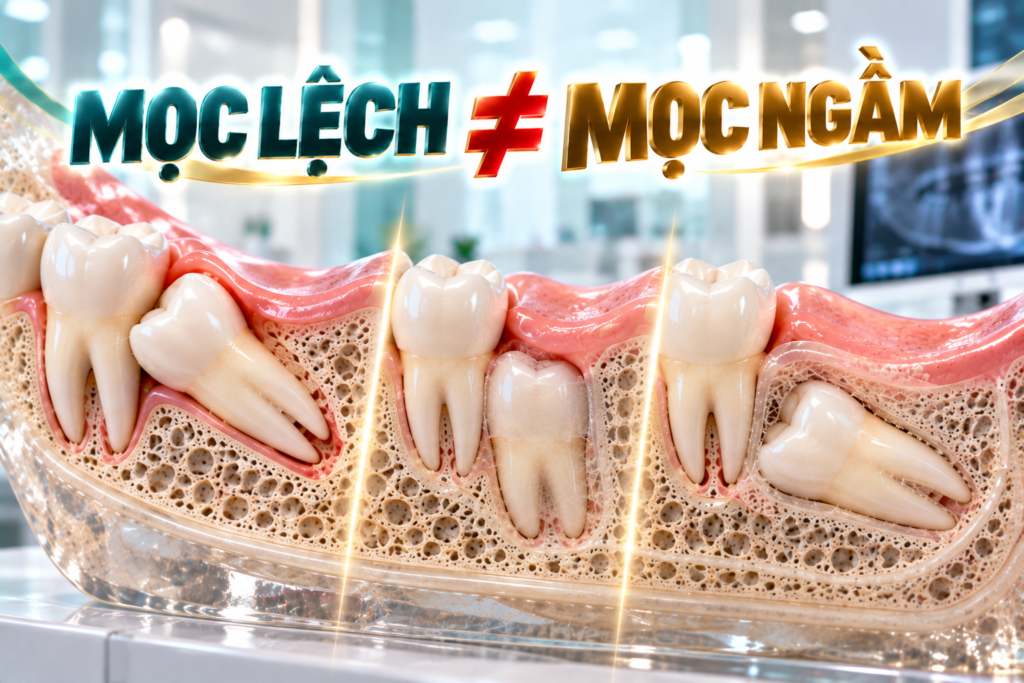 Hình ảnh giúp phân biệt các dạng răng khôn mọc lệch, mọc ngầm và trường hợp đồng thời vừa lệch vừa ngầm.