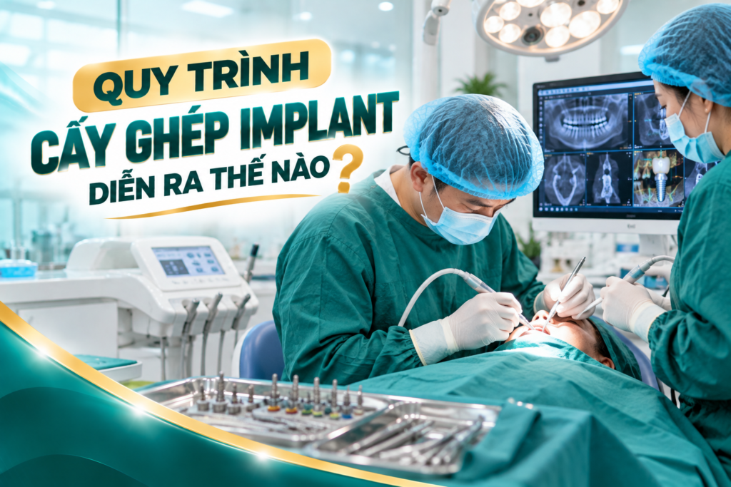 Quy trình cấy ghép Implant gồm thăm khám, lập kế hoạch, đặt trụ, theo dõi tích hợp xương và phục hình răng.
