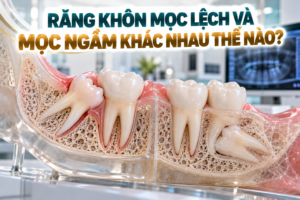 So sánh răng khôn mọc lệch và mọc ngầm dựa trên hướng mọc và mức độ răng nằm dưới nướu hoặc trong xương.
