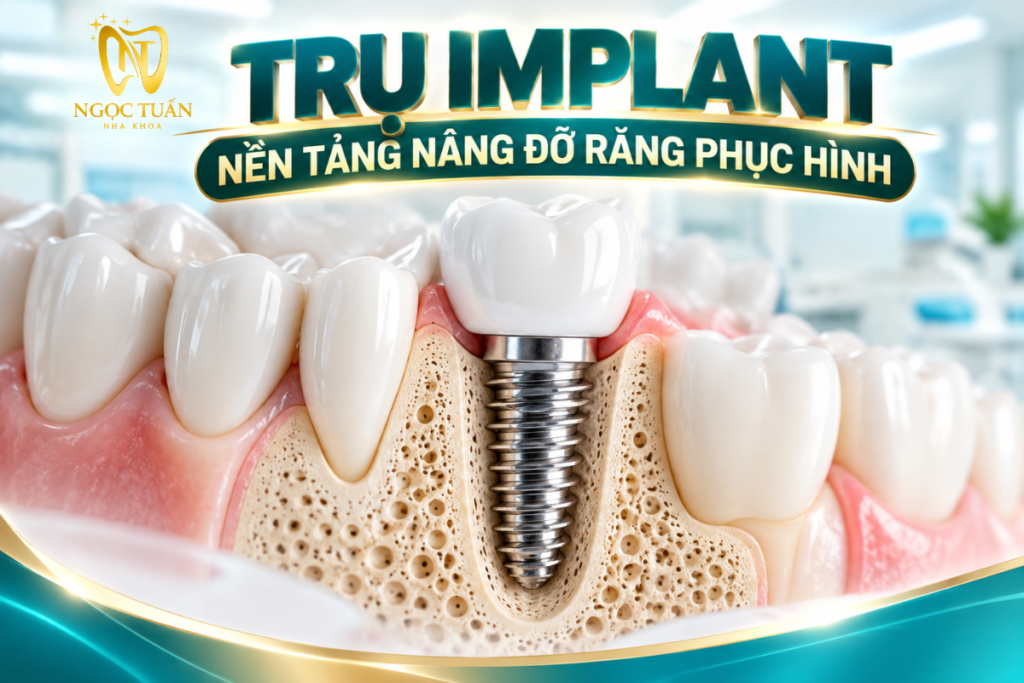 Trụ Implant được đặt vào xương hàm để tạo nền nâng đỡ cho phục hình răng, hỗ trợ khôi phục chức năng ăn nhai.