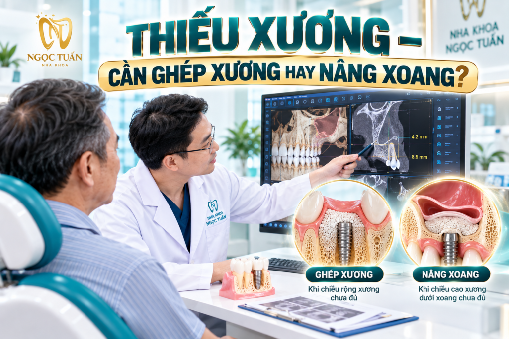 Đánh giá chiều cao, chiều rộng xương và giải phẫu xoang hàm giúp bác sĩ lựa chọn phương án ghép xương hoặc nâng xoang phù hợp.