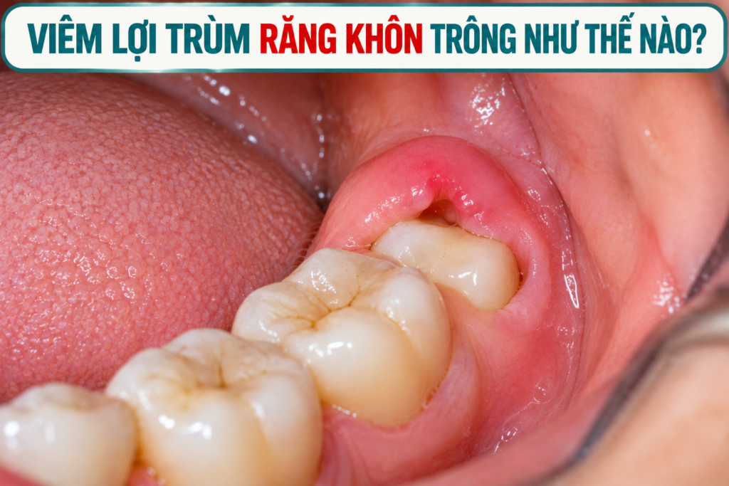 Hình ảnh minh họa đặc điểm mô nướu quanh răng khôn mọc bán phần trong tình trạng viêm lợi trùm.
